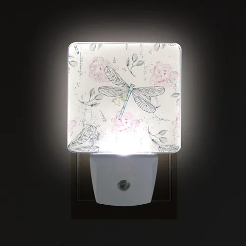 Vista 3 de Lámpara de noche LED enchufable con sensor de luz, libélulas florales grungy, luz blanca, paquete de 2 unidades, para pasillo, baño, dormitorio