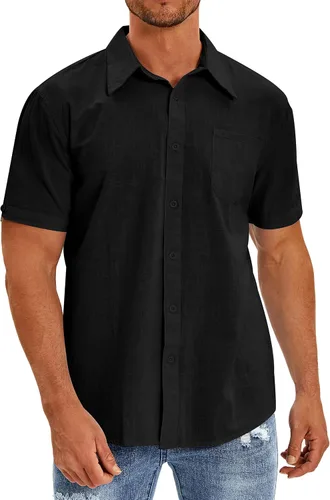 Vista 2 de Oyamiki Camisa de pesca de manga corta para hombre, ajuste regular, de lino, casual, con botones
