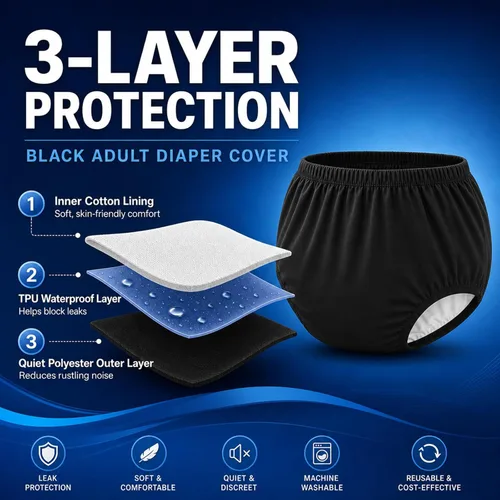 Vista 2 de Funda de pañales para adultos para incontinencia, pantalones de tela de látex activo a prueba de fugas, sin ruido, reutilizables, lavables, Negro