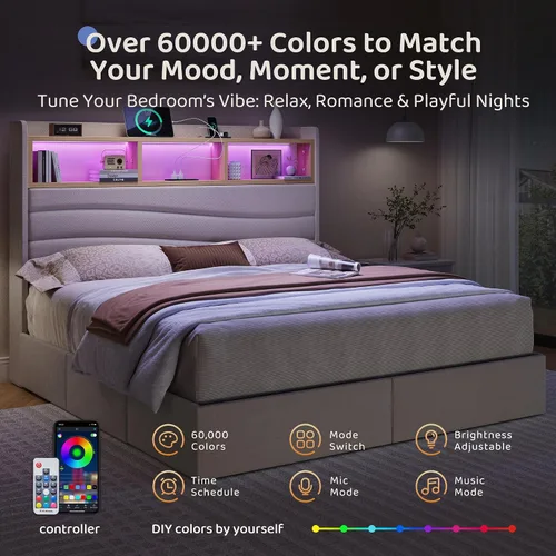 Vista 4 de BRELTAM Base de cama tamaño Queen con 6 cajones de almacenamiento, plataforma tapizada de lino con estación de carga y luces LED, diseño de cabecera