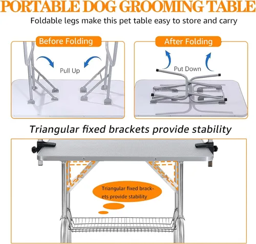 Vista 4 de Mesa profesional de aseo para perros y mascotas, ajustable, resistente, portátil, con brazo y lazo y bandeja de malla (gris, 36 pulgadas)