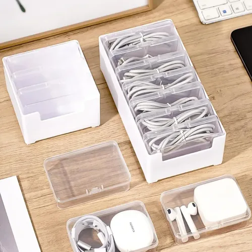 Vista 5 de Caja de almacenamiento organizadora de cables con 7 bridas de cables, caja de gestión de cables de escritorio con interruptor, organizador de cables