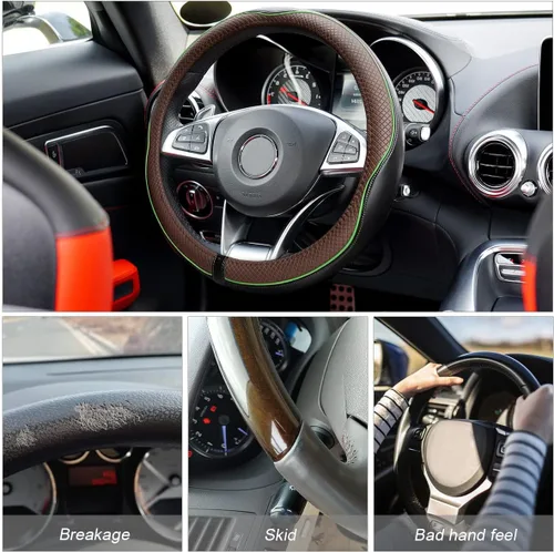 Vista 2 de Funda de cuero para volante, suave, transpirable, antideslizante, protector para automóvil, camión, SUV, ajuste universal de 15 pulgadas