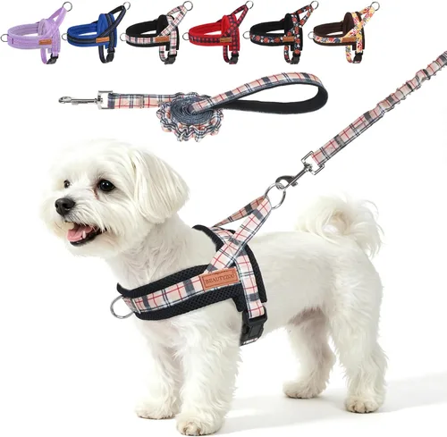 Vista 21 de BEAUTYZOO Arnés para Perros Pequeños, Juego de Arnés y Correa sin Tirones, Arnés de Pecho para Cachorros a Prueba de Escapes con Mango, Arnés Beige