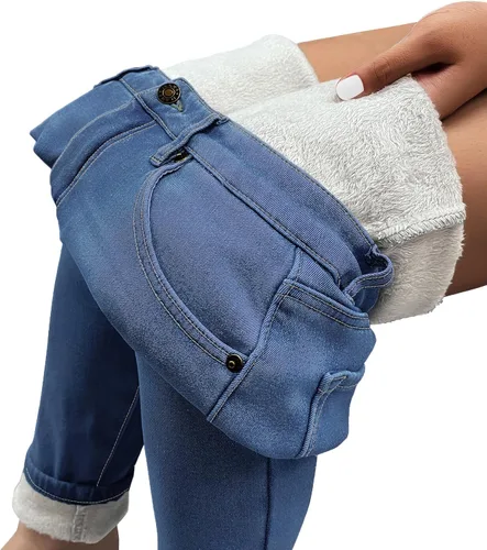 Vista 2 de GRAPENT Leggings con forro polar para mujer, pantalones de mezclilla ajustados de cintura alta, pantalones de mezclilla elásticos de invierno cálidos