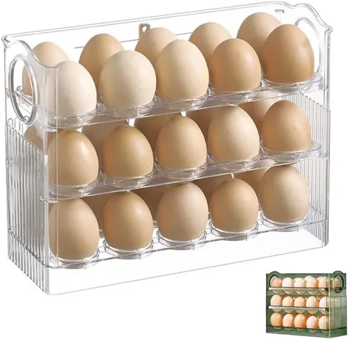 Vista 6 de DABATO Caja de almacenamiento para refrigerador de huevos, verde, de 3 capas, con giro automático, diseño vertical, 11 x 7 x 5.5 pulgadas