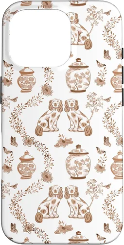 Vista 19 de Funda para iPhone XS Max Preppy Marrón y Blanco Toile Chinoiserie Perros y Jengibre