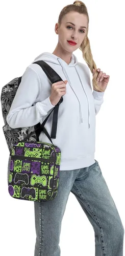 Vista 6 de Bolsa de almuerzo aislada con control de juegos morado y verde para adultos, mujeres y hombres, a prueba de fugas con asa de hebilla desmontable 8