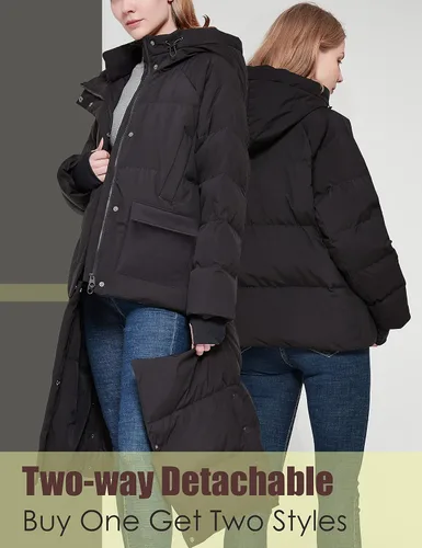 Vista 3 de YISEVEN Chaqueta ligera impermeable desmontable de plumón grueso con capucha para mujer