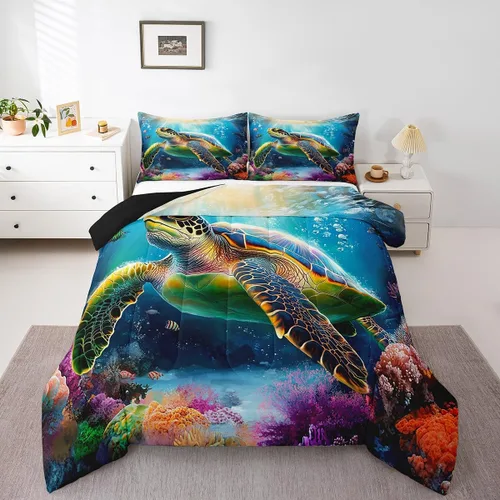 Vista 9 de Erosebridal Blue Ocean - Juego de edredón tamaño individual Juego de ropa de cama de ballena delfín y tortuga marina para niños y niñas, juego