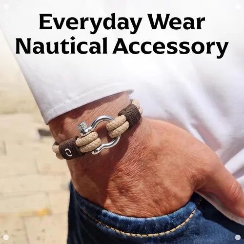 Vista 6 de Pulsera de cuerda para hombre, grillete plateado de acero inoxidable, extremadamente duradera y resistente a los arañazos, impermeable, hecha a Beige
