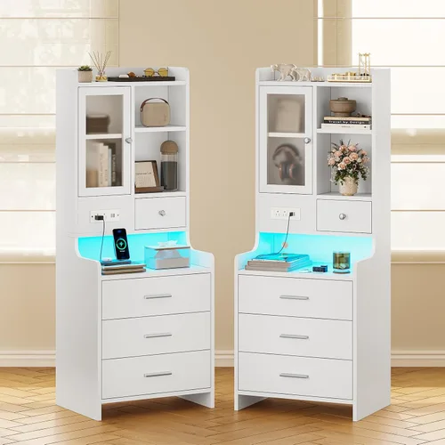 Vista 9 de ADORNEVE - Mesita de noche alta con estación de carga y luces LED, mesita de noche de 49.2" con estantería, estante ajustable con puerta de vidrio