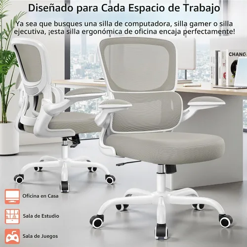 Vista 7 de BESTFAIR Silla de oficina ergonómica de malla, silla de escritorio de malla transpirable, soporte lumbar ajustable, reposabrazos abatibles, silla
