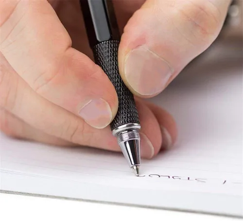 Vista 5 de Bolígrafo multifunción Tech-Tool con recambios de tinta, herramienta 6 en 1 con bolígrafo, lápiz táctil para pantalla, regla, nivel de burbuja Plata