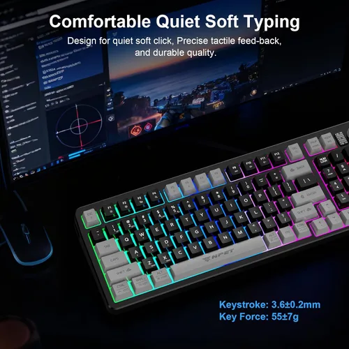 Vista 7 de NPET Teclado y ratón inalámbricos gaming con tri-modo, teclado RGB de 98 teclas con perilla y ratón gaming, 12 teclas multimedia para Windows, PC