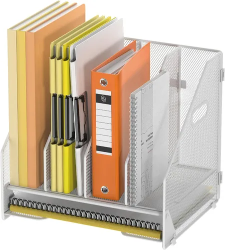 Vista 14 de Docnest Organizador de archivos de escritorio, 4 compartimentos verticales con bandeja de cartas, soporte de archivos de malla con asa