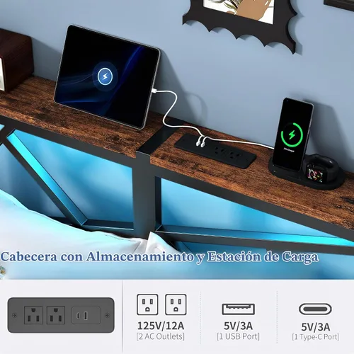 Vista 4 de DynJest Marco de cama de metal tamaño individual con luces LED, cabecera con almacenamiento y estación de carga, moderna cama de plataforma