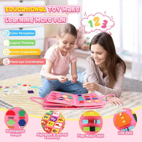 Vista 6 de URMYWO Tablero de actividades Montessori para niños de 1, 2, 3, 4 años, libro ocupado para actividades para niños con habilidades motoras finas, Rosa
