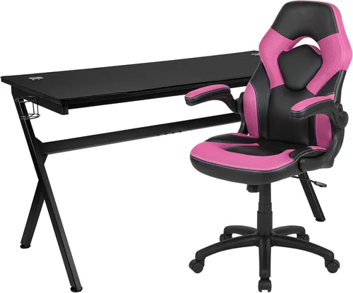 Vista 71 de Flash Furniture Juego de escritorio para juegos negro y silla de carreras blanco/negro con soporte para tazas, gancho para auriculares y soporte