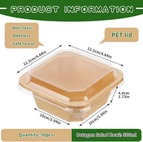 Vista 2 de Paquete de 50 cuencos de papel de 17 onzas, cuencos de ensalada desechables con tapas Octagon Disposable Bowls, Disposable Food Containers with