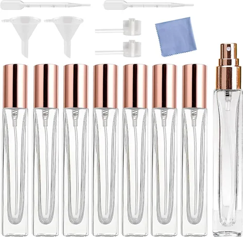 Vista 8 de 8 botellas de perfume de 0.3 fl oz, botellas de spray de vidrio rellenables, mini botella de vidrio cuadrada portátil de viaje, pequeña botella