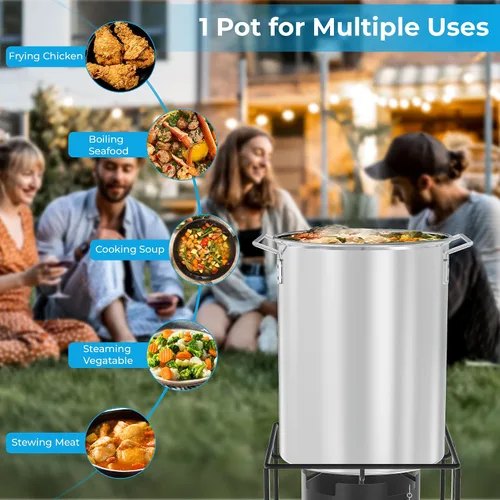 Vista 2 de Kit de olla de aluminio de 28,3 litros – Olla para freír pavo con tapa, gancho de elevación, soporte y termómetro – Freidora profunda grande