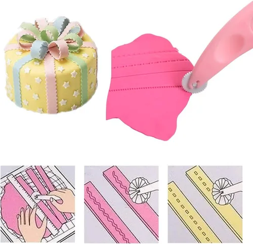 Vista 2 de Juego de rodillos para moldes de fondant, 4 ruedas, cortador de fondant, cortador de costura de glaseado, herramientas de pastelería en relieve