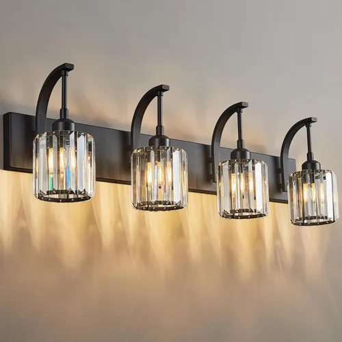 Vista 43 de Luces de tocador de cristal de 3 luces negras para tocador de baño, modernas lámparas de baño de cristal sobre espejo de 23.62 pulgadas de largo