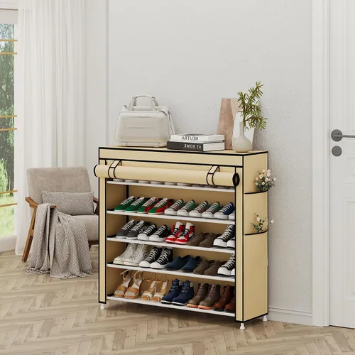 Vista 2 de Calmootey Zapatero organizador de 5 niveles para 25 pares, estante portátil para zapatos con cubierta de tela no tejida para armario, pasillo
