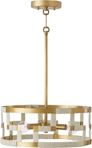 Vista 4 de Capital Lighting 241031NL Hala - Lámpara de techo convertible con tambor de yute natural blanqueado inspirado en llave griega, 3 luces, 180 vatios