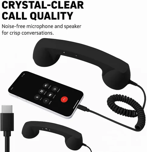 Vista 2 de Auricular retro para teléfono tipo C, teléfono retro con cable con micrófono y altavoz, receptor de teléfono clásico para teléfono celular