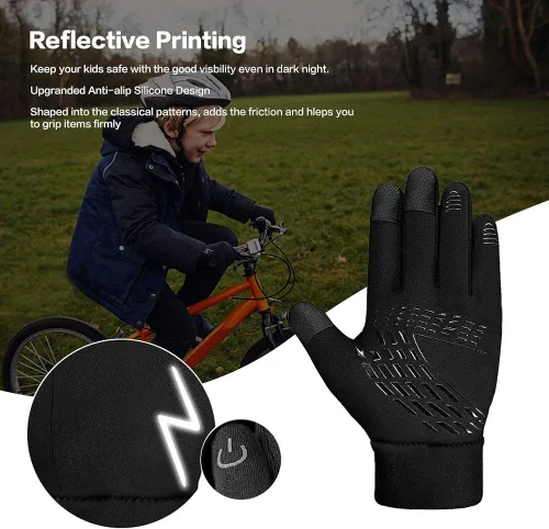 Vista 5 de YukiniYa Guantes de invierno para niños, repelentes al agua, pantalla táctil, forro polar, antideslizantes, para niños y niñas de 3 a 15 años, Negro