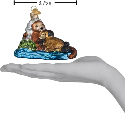 Vista 4 de Old World Christmas Nutria con adorno de vidrio soplado para árbol de Navidad, decoración navideña artesanal, colección de animales marinos