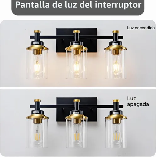 Vista 3 de Accesorios de Luz de Baño de 3 Luces, Accesorio de Luz de Tocador Negro y Dorado Cepillado Sobre Espejo, Apliques de Pared Modernos Iluminación