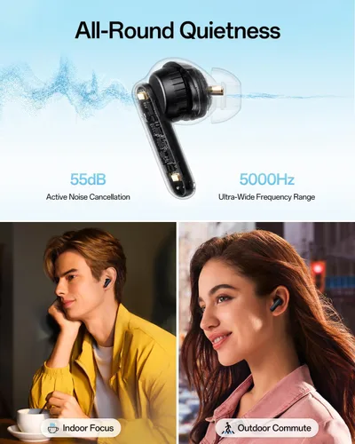 Vista 3 de OPPO Enco Air5 Pro - Audífonos inalámbricos verdaderos, Bluetooth 6.0 estéreo con cancelación activa de ruido de 55 dB, llamada clara AI de triple