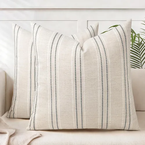 Vista 16 de AELS Fundas de Almohada Decorativas de Lino Estilo Granja de 16x16, Funda de Almohada con Textura Boho, Juego de 2, Beige con Rayas de Hilo Teñido