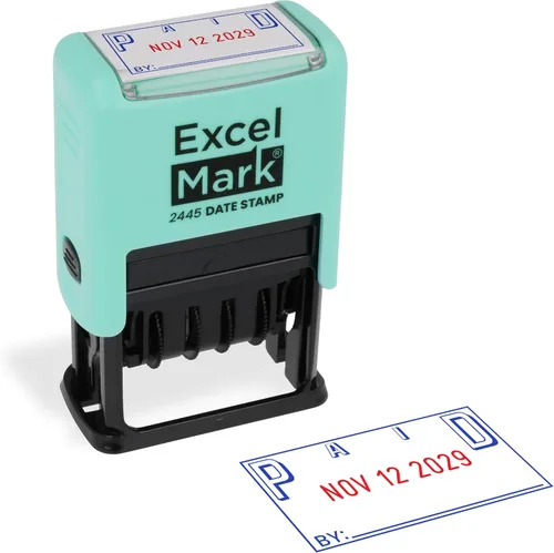 Vista 10 de ExcelMark 2445 Sello de fecha con texto – tinta azul y roja (montaje gris, aprobado)