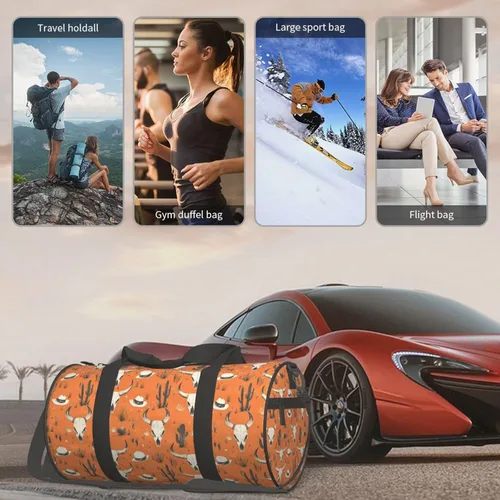 Vista 6 de Large Duffle Bag for Travel - Retro Orange Sheep Skull Print Gym Bag for Women Men, Travel Foldable Bags for Women Men with Zippered Multiple Pockets