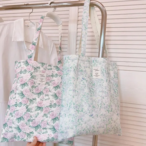 Vista 2 de Floral Canvas Tote Bag Double-Sided Printed Cloth Cotton Tote Floral Shoulder Bags for Beach Travel Shopping Grocery