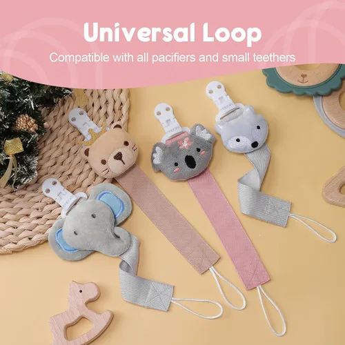 Vista 5 de TYRY.HU Clip para chupete para niñas bebés, paquete de 2 clips neutros para sujetar chupetes para niños, correas suaves, clips de peluche para todos