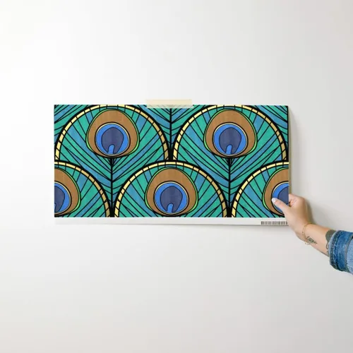 Vista 7 de Spoonflower Despegar y pegar papel pintado Swatch – Patrón de abanico Art Deco de pavo real pluma azul verde 1920 inspirado vintage dorado estampado