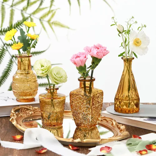 Vista 4 de Juego de 10 jarrones de cristal ámbar, pequeños jarrones de flores para decoración de boda