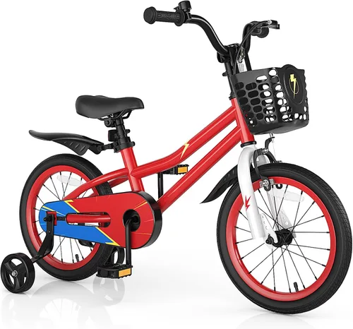 Vista 19 de HONEY JOY Bicicleta para niños, 12, 14, 16, 18, 20 pulgadas, con ruedas de entrenamiento y freno de mano, marco de acero, cadena totalmente cerrada