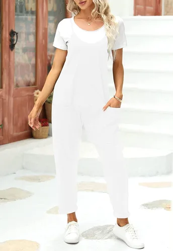 Vista 2 de Fisoew Overol de verano para mujer, sin mangas, holgado, casual, cuello en V, tirantes delgados, pantalones largos, overoles holgados con bolsillos