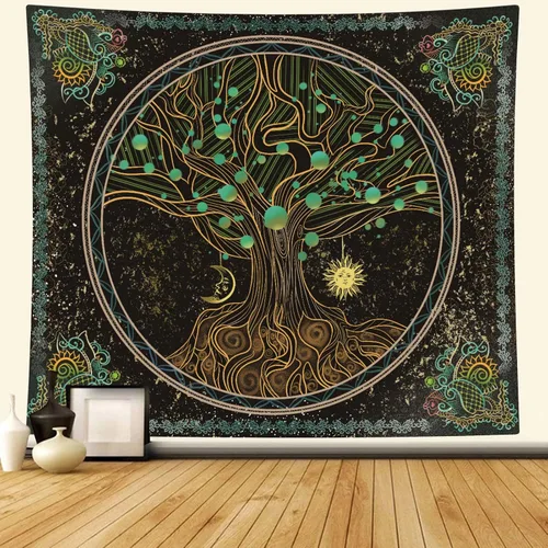 Vista 8 de Naykow Árbol de la vida, bohemio, sol, luna, naturaleza, lindo tapiz verde para pared, mandala espiritual, chakras, grunge, tapices para colgar