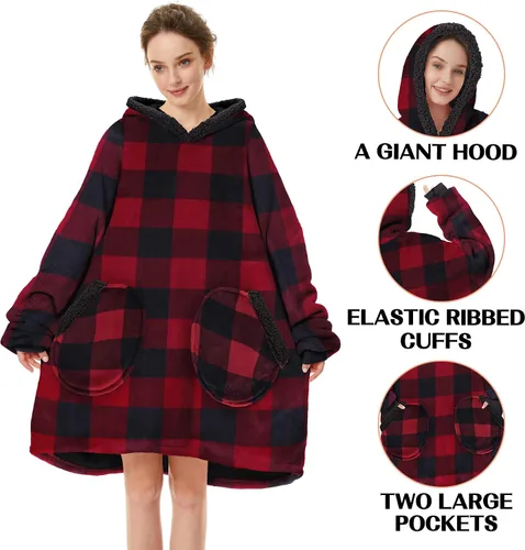 Vista 3 de Zando Manta con capucha 2024, manta para niños y adultos, regalo cómoda, sudadera con capucha de gran tamaño, forro polar Sherpa