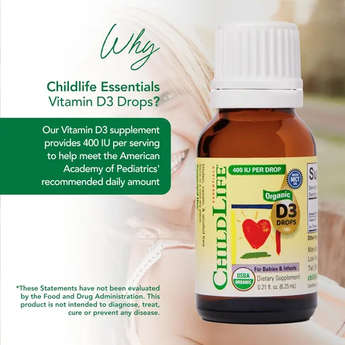 Vista 4 de ChildLife Essentials Gotas orgánicas de vitamina D3, para bebés y recién nacidos, gotas de vitamina D para bebés, 400 UI por porción, apoyo