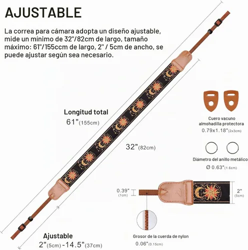 Vista 6 de Padwa Lifestyle Helios Moon God - Correa para cámara de 2 pulgadas, doble capa, extremos de piel vacuna, correas de cámara para fotógrafos, tejido