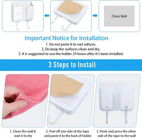 Vista 6 de 3 soportes adhesivos para control remoto de pared, soporte para teléfono sin necesidad de taladrar agujeros en la pared, organizador universal