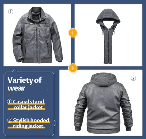 Vista 3 de CREATMO US Chaqueta de piel sintética para hombre, impermeable, resistente al viento, PU con capucha extraíble